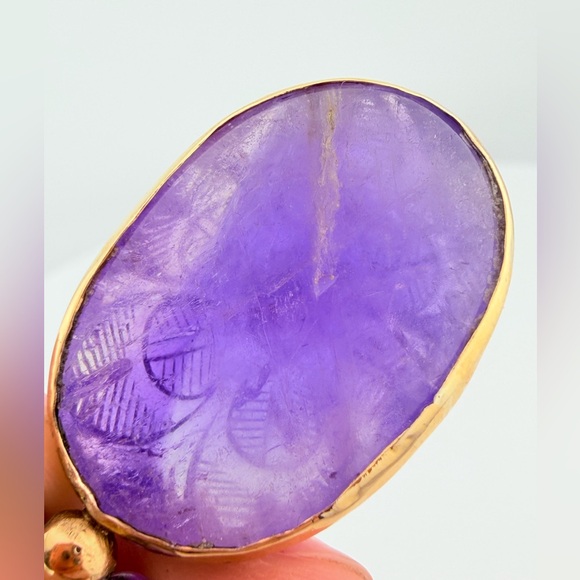 14K Gold Carved Amethyst Flower & Pearl Necklace - Organic Art Nouveau Aesthetic - Picture 6 of 14